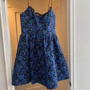 Alice + Olivia Royal Blue Floral Fit-and-Flare Dress with Lace Trim